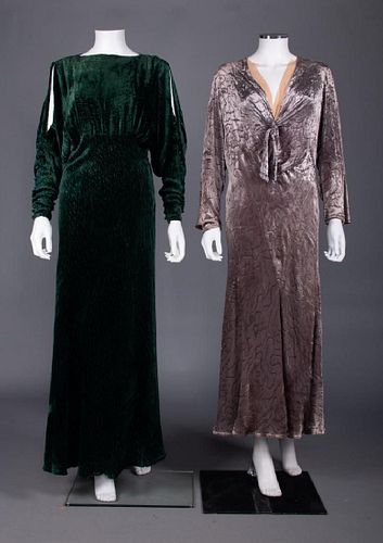 TWO SILK VELVET EVENING DRESSES, 1930s