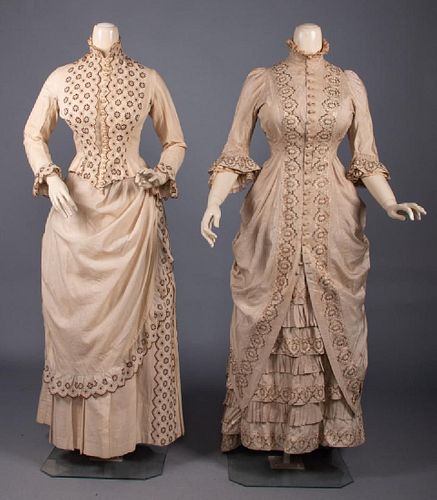 TWO BEIGE BUSTLE DRESSES, 1870s