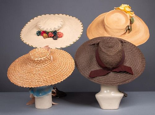 FOUR WIDE BRIM STRAW HATS, 1940s