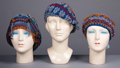 THREE CROCHET & BEADED BERETS, AFGHANISTAN, EARLY 20TH