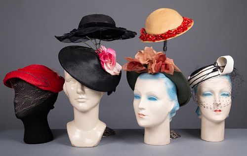 FIVE LADIES STRAW & ONE HORSEHAIR HATS, 1930-1950