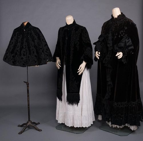 THREE BLACK VELVET WINTER WRAPS, 1870-1890