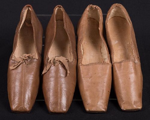 TWO PAIR BROWN LEATHER LADIES SHOES, 1830-1850