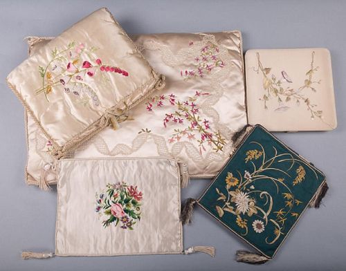 FIVE LADIES EMBROIDERED SILK CASES, 1880-1920
