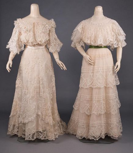 TWO CREAM LACE TEA GOWNS, 1900-1910