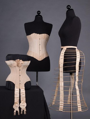 TWO CORSETS & ONE BUSTLE CAGE, 1870-1890s