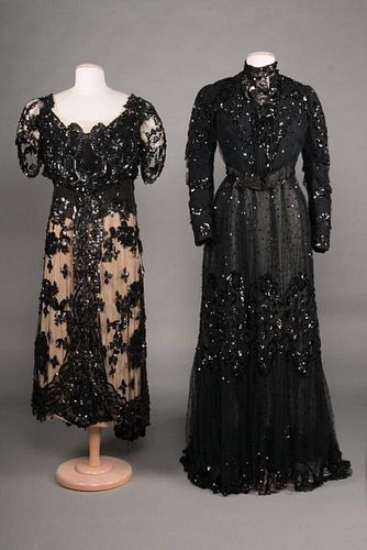 TWO BLACK SEQUINED EVENING DRESSES, EARLY 20TH C
