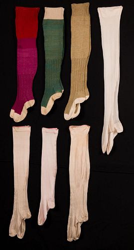 SEVEN PR KNIT STOCKINGS & 1 PR LACE MITTS, EARLY-MID