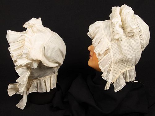 TWO LADIES WHITEWORK BONNETS, 1820-1830