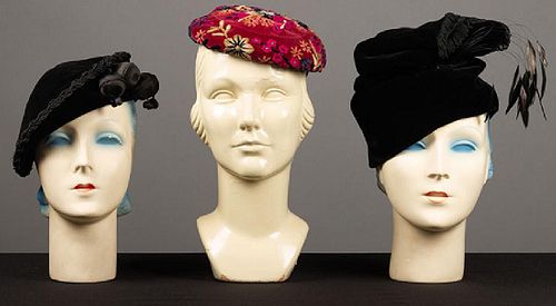 THREE LADIES' EVENING HATS, 1930-1940s