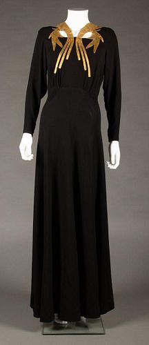 GILT LEATHER TRIMMED EVENING GOWN, 1940s