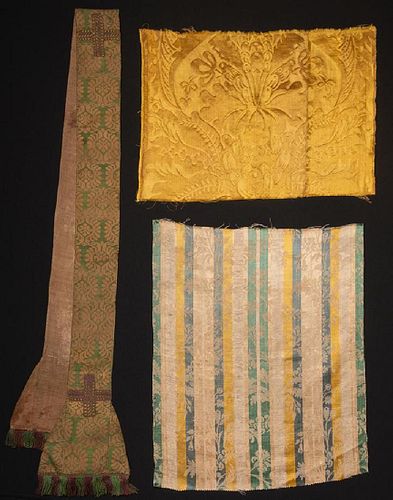 PRIEST STOLE & TWO SILK REMNANTS, 1580-1620