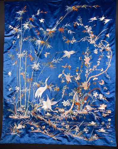 BLUE SILK EMBROIDERED BEDCOVER, CHINA, c. 1900