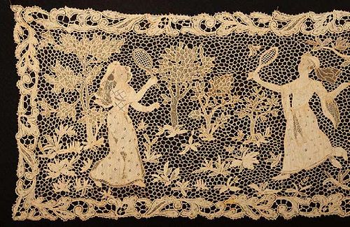 TWO LONG FIGURAL NEEDLE LACE PANELS, c. 1900