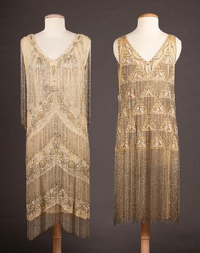 TWO HEAVY BEADED & FRINGED DRESSES, 1920s