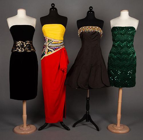 FOUR DEADSTOCK STRAPLESS EVENING DRESSES, 1990s