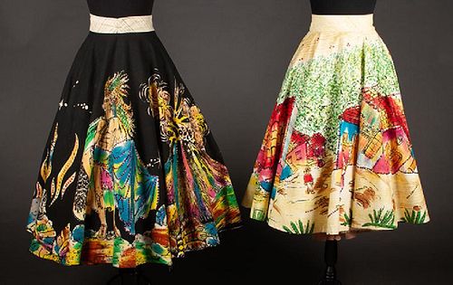 TWO HAND PAINTED CIRCLE SKIRTS, MEXICO, 1950s
