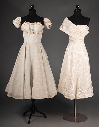 TWO DESIGNERS' WHITE PARTY DRESSES, MID 1950s