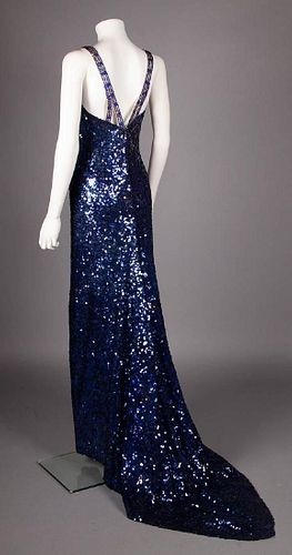 SAPPHIRE SEQUINNED & TRAINED EVENING GOWN, 1930s