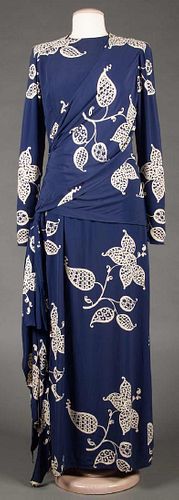 WHITE ON BLUE PRINTED LONG DRESS, 1940
