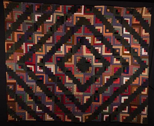 TWO AMERICAN QUILTS - AMISH & LOG CABIN, c. 1890 & 1910
