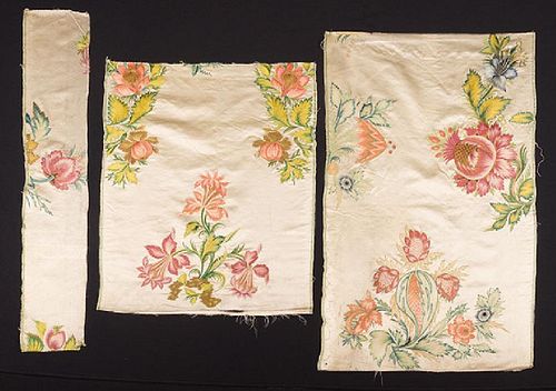 3 SILK EMBROIDERED FRAGMENTS, MID 18th C.