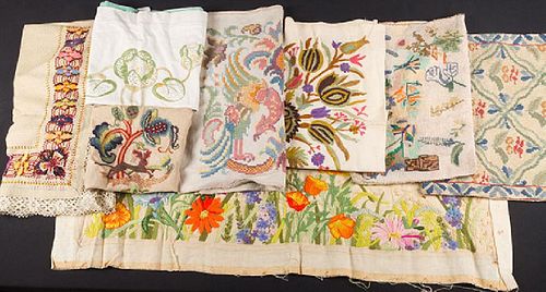 LARGE LOT CREWEL EMBROIDERED PANELS, c. 1920