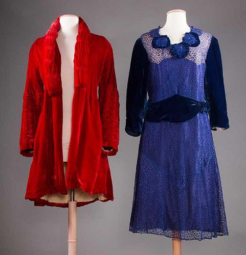 BLUE LACE DRESS & RED VELVET COAT, c. 1930
