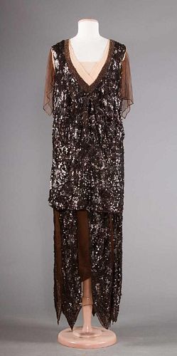 CHOCOLATE SEQUINED & BEADED EVENING DRESS, EARLY 1920s