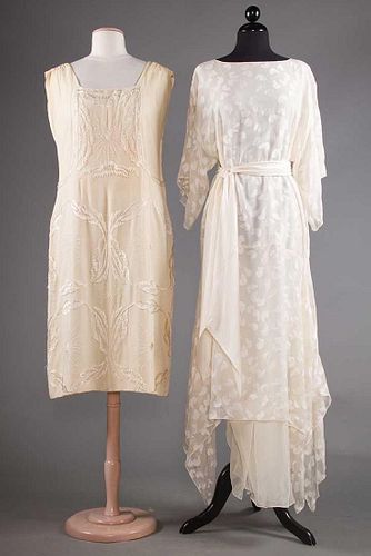 TWO CREAM SILK EVENING DRESSES, 1920s & 1970s