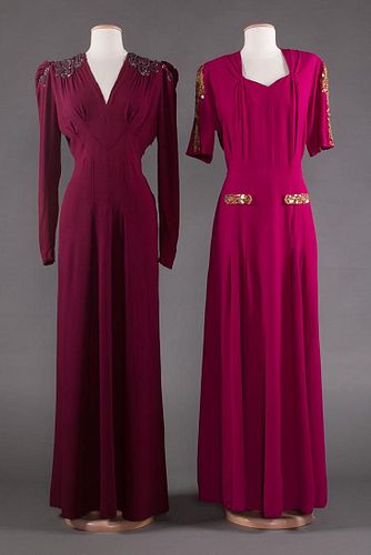 TWO PLUM CREPE EVENING GOWNS, 1940s