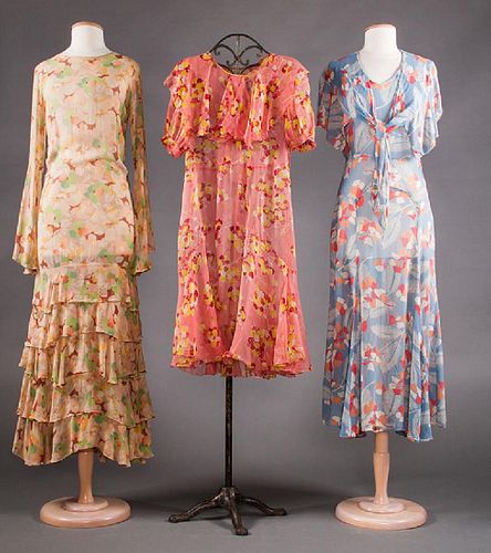 THREE PRINTED SILK CHIFFON DRESSES, 1930s