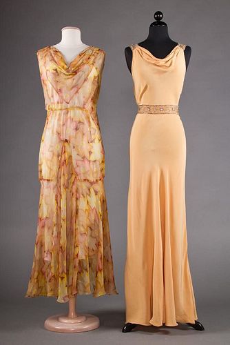 1 PRINTED TEA & 1 EVENING GOWN, 1930s