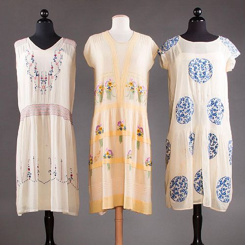 3 EMBROIDERED WHITE COTTON DAY DRESSES, 1920s