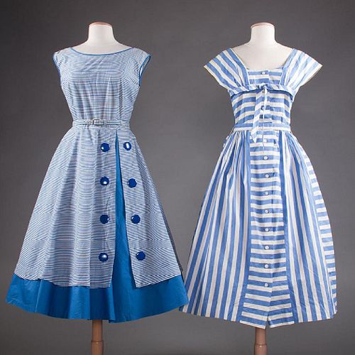 2 BLUE & WHITE COTTON DRESSES, 1950s