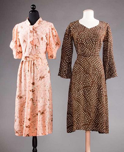 2 PRINTED SILK DAY DRESSES, 1930s