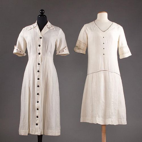 2 WHITE LINEN SUMMER DRESSES, 1930s