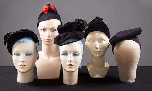 5 LADIES' BLACK HATS, LATE 1930s