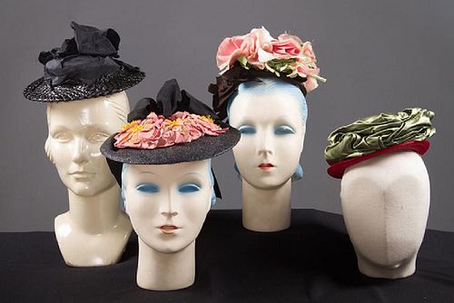 4 SMALL SUMMER HATS, 1940s