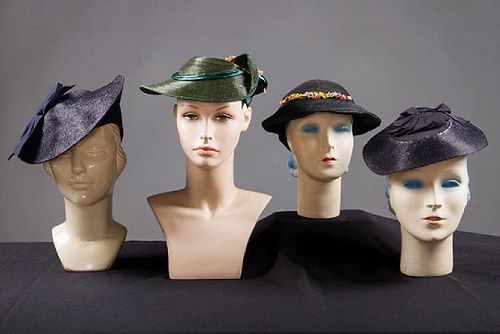 4 PANCAKE-STYLE HATS, 1930s