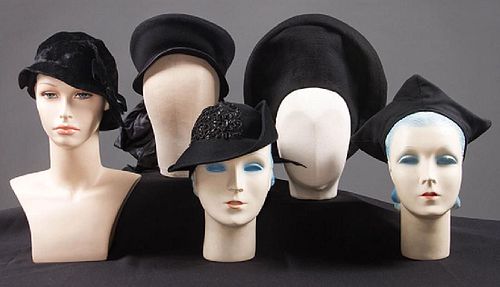 5 UNUSUAL SHAPED FELT HATS, 1930-EARLY 1940s