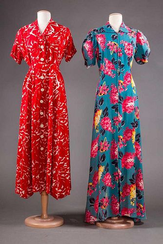 2 PRINTED HOSTESS DRESSES, 1930-1940s