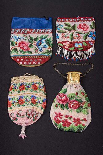 4 FLORAL BEADED BAGS, MID-LATE 19TH C