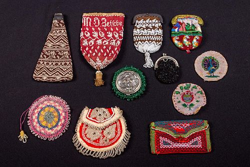 11 SMALL BEADED BAGS/COIN PURSES, 1840-1900
