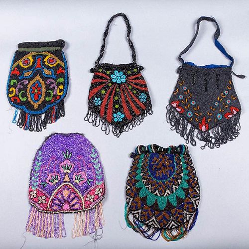 5 COLORFUL BEADED BAGS, 1920s