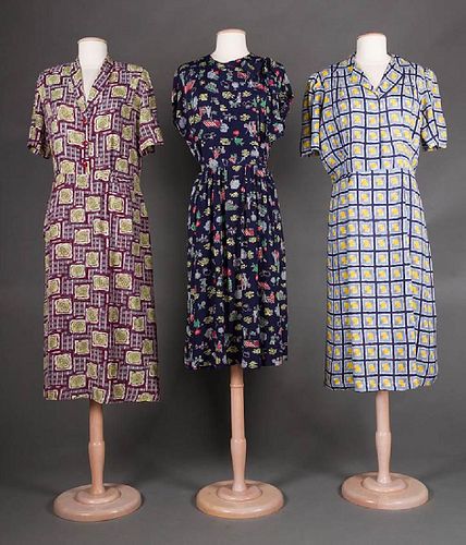 THREE PRINTED DAY DRESSES, 1940s