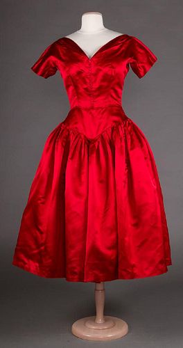 RED SILK SATIN EVENING DRESS, 1950s