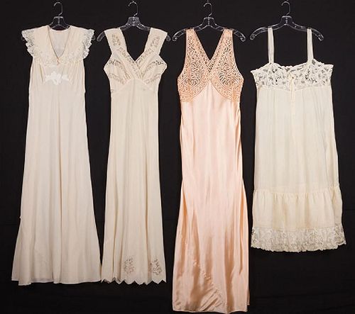 4 SILK & LACE NIGHTGOWNS, 1920s-30s