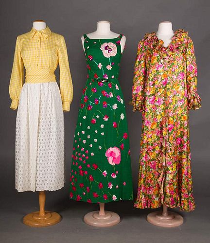 3 GREEN FLORAL DRESSES, 1970s