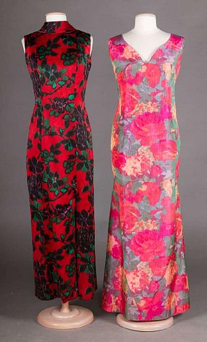 2 FLORAL SILK EVENING GOWNS, 1960s